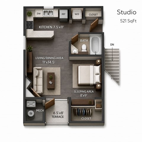 Floor plan for studio, 1 bath, 521 sqft